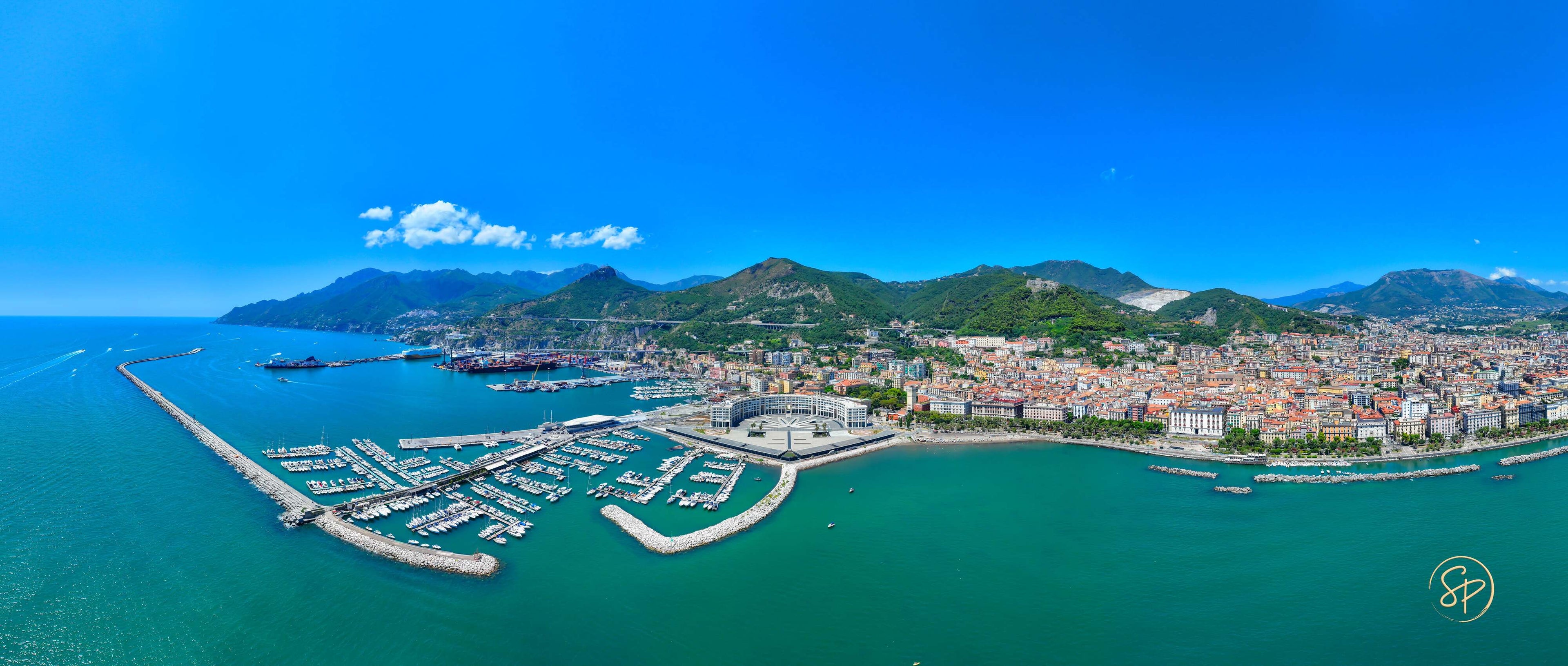 AEREAL VIEW OF GULF SALERNO SEASIDE VIEW SUNLIGHT BLUE SKY