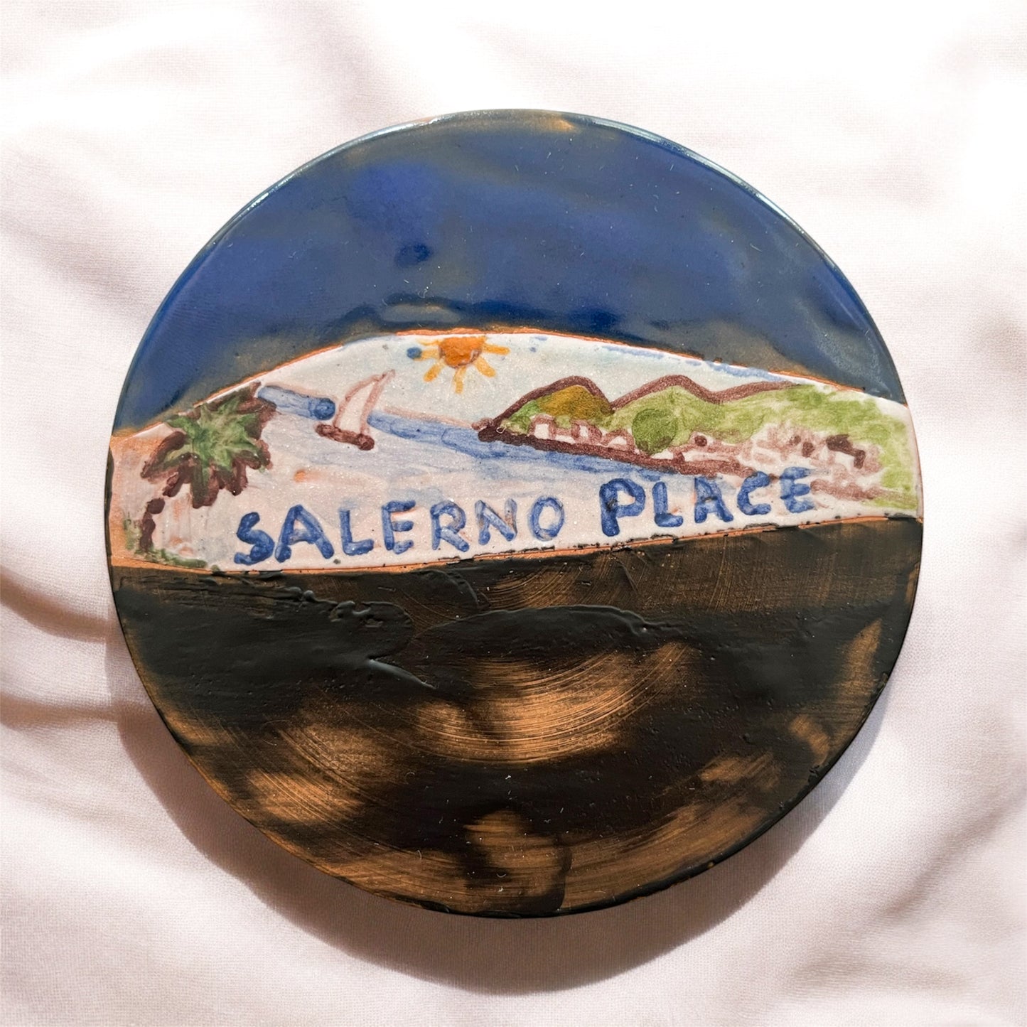 Piattino Decorativo in Ceramica dipinto a mano, veduta Golfo di Salerno