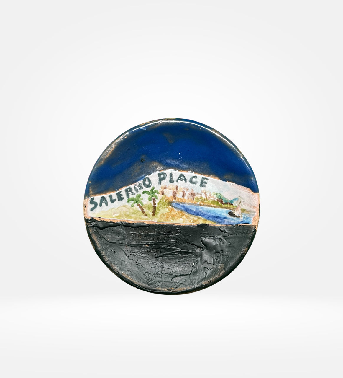 Piattino in Ceramica dipinto mano, Palme e Lungomare di Salerno