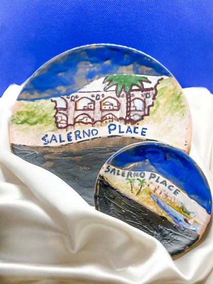 Piattino in Ceramica dipinto mano, Palme e Lungomare di Salerno
