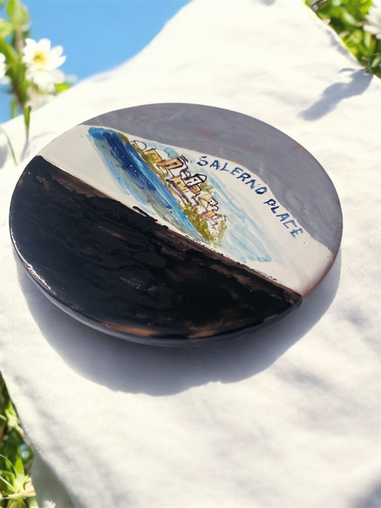 Targa in Ceramica, Paesaggio della Costiera Amalfitana, Opera Unica Dipinta a Mano, Salerno Place